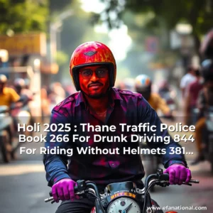 Artistic representation for Holi 2025 : Thane Traffic Police Book 266 For Drunk Driving 844 For Riding Without Helmets 381 For Triple Seat Violations